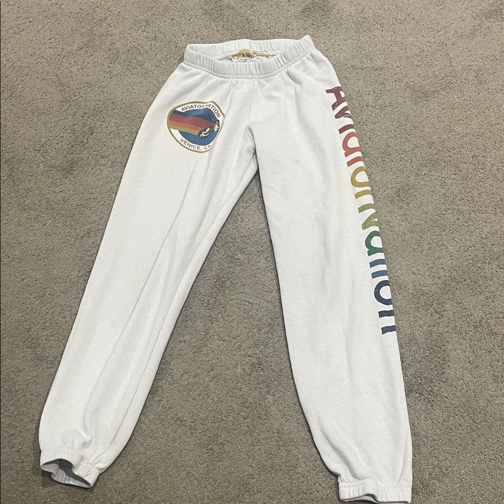 Aviator Nation White Sweatpants with Rainbow Logo